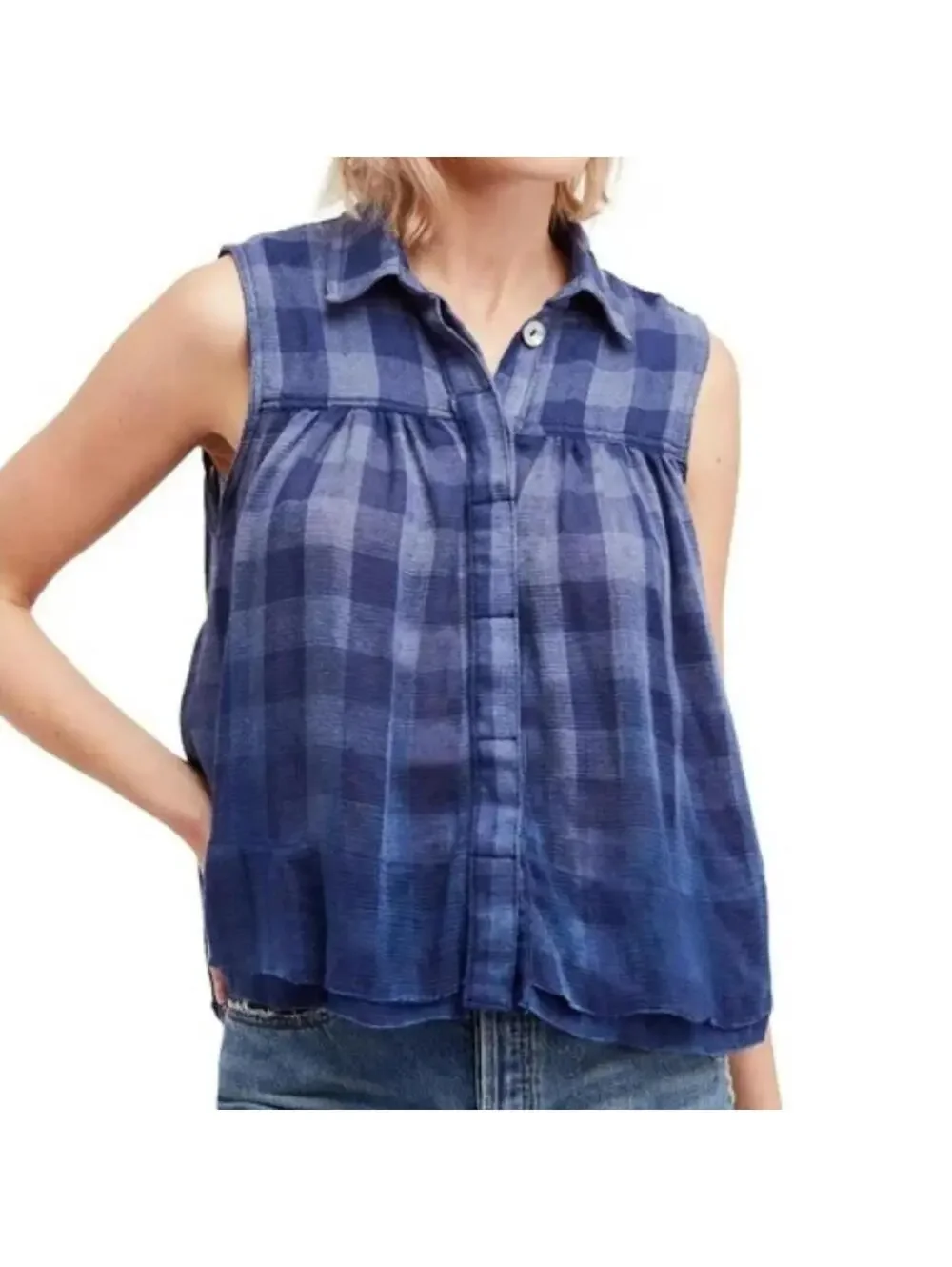 NWT Free People Blue Plaid Tank Top Small Ombre Gingham Sleeveless Button Blouse